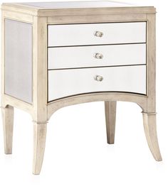 a white and silver nightstand with three drawers on each side, one drawer open to show the