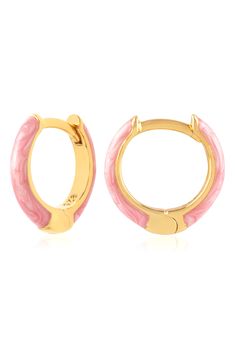 Easy-to-wear hoop earrings will add significant polish to even your most casual ensembles. 1/2" drop; 1/8" width Hinge with snap-post closure Sterling silver with goldtone plate/enamel Imported Pink Enamel Hoop Jewelry, Trendy Enamel Huggie Earrings, Trendy Pink Huggie Earrings, Small Hoop Enamel Earrings, Gold Enamel Huggie Earrings As Gift, Pink Enamel Hoop Earrings, Nickel-free Pink Huggie Hoop Earrings, Pink Nickel-free Huggie Hoop Earrings, Pink Huggie Hoop Earrings Nickel Free