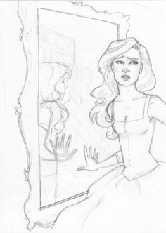 a drawing of a woman sitting in front of a mirror with her hand on the wall