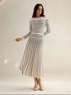 Women's Autumn/Winter Striped Pleated Long Sweater Dress White Casual  Long Sleeve Knitwear Striped  Medium Stretch  Women Clothing, size features are:Bust: ,Length: ,Sleeve Length: Women Sweaters Winter, Long Sweater Dress, Hem Sweater, Long Sleeve Knit Sweaters, Sweater Dress Women, Ribbed Knit Sweater, Knit Sweater Dress, Sequin, Long Sweaters