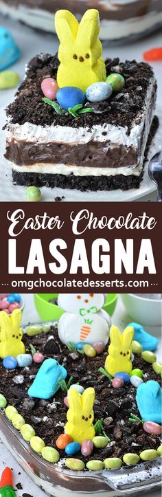 easter chocolate lasagna cake with peeps on top and the words, easter chocolate lasagna above it