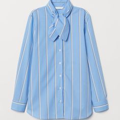 100% Cotton Shirt Baby Blue With Off White Stripes, Tie Neck Product Pic Offers Accurate Color Of Shirt Button Front Shirttail Hem May Run A Size Big (Per Reviews)/Could Fit A Size 10 H&m Tops With Button Closure For Daywear, H&m Spring Shirt, Chic Blue H&m Tops, H&m Spring Button-up Shirt, H&m Collared Tops For Daywear, H&m Shirt With Button Closure For Daywear, Chic Collared H&m Shirt, H&m Collared Shirt For Spring, Chic Collared Shirt From H&m