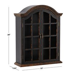 a tall wooden cabinet with glass doors on the front and bottom shelves in dark brown