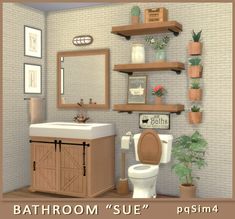 a bathroom with shelving, toilet and sink in the middle of it's room