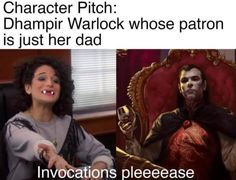 an image of a woman sitting in a chair with the caption that reads,'character pitch'dhampir warrick whose patron is just her dad