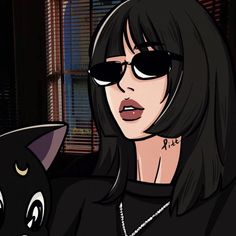 a woman wearing sunglasses and a black cat in front of her is looking at the camera