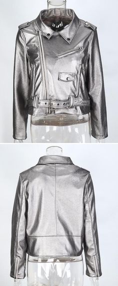 Women's Faux #Leather Short Jacket Metallic Long Sleeve Outerwear With Zipper, Metallic Biker Jacket For Fall Party, Metallic Biker Jacket For Party In Fall, Trendy Metallic Outerwear For Fall, Trendy Metallic Biker Jacket For Fall, Metallic Leather Jacket For Fall Party, Fitted Metallic Outerwear With Zipper Closure, Trendy Metallic Biker Jacket For Winter, Winter Party Leather Jacket With Zipper Closure