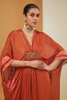 Orange floor length kaftan with all over geometric, floral jaal print and embroidered panel. Comes along with an inner. - Aza Fashions Silk Maxi Length Palazzo Set For Eid, Festive Printed Dress With Kimono Sleeves, Festive Printed Dresses With Kimono Sleeves, Traditional Printed Maxi Kimono, Traditional Printed Maxi Length Kimono, Traditional Maxi Length Printed Kimono, Bollywood Style Festive V-neck Maxi Dress, Bollywood Style V-neck Festive Maxi Dress, Festive Bollywood Maxi Dress With V-neck