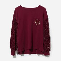 Add a touch of sparkle to your holiday wardrobe with this Sequin Sleeve Sweatshirt, available in black or burgundy! Perfect for holiday parties or festive outings, this sweatshirt features eye-catching sequin sleeves that add just the right amount of glam. With a cozy, relaxed fit and soft fabric, you’ll stay comfortable while looking chic all season long. It’s the perfect blend of casual comfort and holiday fun!Made of PolyesterModels are wearing their normal size; for more information about Marleylilly fit, click on “Learn more about sizing”Body length of a size S/M is approximately 26 inches in the front and 27 inches in the back Omega Alpha, Marley Lilly, Sequin Sleeve, Semi Annual Sale, Christmas Monogram, French Floral, Holiday Wardrobe, Holiday Fun, Holiday Parties