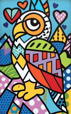 a colorful painting with an owl on it's face and hearts in the background