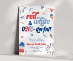 a red, white and blue birthday party poster