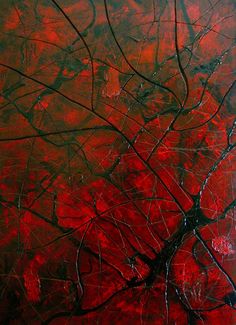 an abstract painting with red and black paint on it's surface, including branches