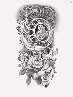 a black and white drawing of a rose with a clock face on it's side