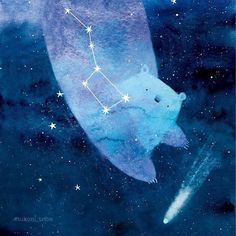 a polar bear floating in the sky with stars on it's back and zodiac sign above