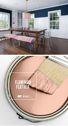 the interior of a house painted in blue and white with pink accents, along with an image of a dining room