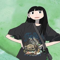 a woman with long black hair wearing a tshirt and carrying a bag in her hand