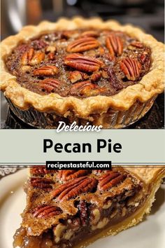 pecan pie on a white plate with the words delicious pecan pie below it