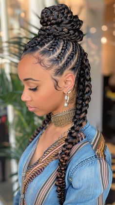 Embrace a bohemian vibe with these black cornrows and curls. Perfect for a relaxed look. Save this pin for boho cornrow and curl ideas! #CornrowsWithCurls #BohoStyle #RelaxedLook Boho Cornrows Black Women, Cornrows Bun, Event Updo, Boho Cornrows, Goddess Cornrows, Hair Braid Patterns, Triangle Braids