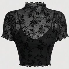 Black Summer Floral Print Lettuce Trim Mesh Overlay Top Black Stretch Mesh Top With Lace, Trendy Black Sheer Crop Top, Black Stretch Mesh Crop Top, Black Sheer Stretch Crop Top, Black Sheer Mesh Top With Short Sleeves, Black Cropped Mesh Top For Night Out, Elegant Cropped Black Top, Black Sheer Cropped Top, Trendy Black Mesh Crop Top