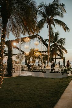 an outdoor wedding setup with palm trees and chandeliers on the lawn at dusk