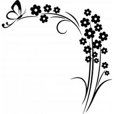 black and white flowers with butterflies on them