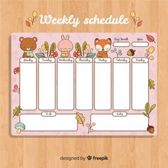 a weekly schedule with cute animals on it