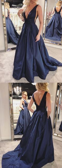 Blue Satin Prom Dress, Navy Prom Dress, Prom Dress With Pockets, Womens Evening Gowns, Navy Blue Prom Dress, Backless Evening Gowns, Navy Prom Dresses, Prom Dresses 2018, Prom Dresses With Pockets