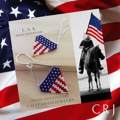 the american flag is next to some patriotic earrings and an image of a cowboy riding a horse