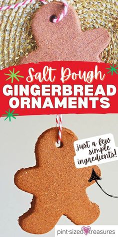 a gingerbread ornament hanging from a string with the words salt dough and cinnamon on it