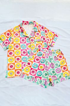 Rainbow Smiley Custom Satin Pajamas – Spikes and Seams Comfortable Multicolor Sleepwear For Pajama Party, Multicolor Printed Sleepwear For Pajama Party, Multicolor Printed Sleepwear, Comfortable Multicolor Summer Sleepwear, Multicolor Relaxed Fit Sleepwear For Bedtime, Printed Summer Pajama Shorts, Multicolor Relaxed Fit Sleepwear For Pajama Party, Multicolor Spring Pajama Shorts, Multicolor Spring Pajama Shorts For Sleep