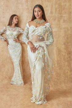 Off-white gown with multicolor sequin, thread, cutdana, bead embroidery in floral pattern. - Aza Fashions Tulle Embroidery, Multicolor Sequins, Gown For Women, Gown Pattern, White Gown, Beaded Neckline, Ladies Gown, White Tulle, White Gowns