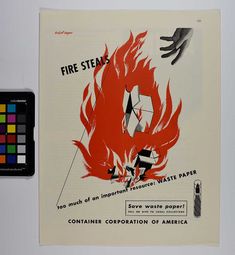 an old poster with the words fire steaks and two hands reaching for something in front of it