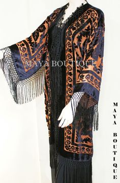 Bohemian Long Sleeve Kimono For Evening, Bohemian Long Sleeve Evening Kimono, Bohemian Evening Outerwear With Long Sleeves, Black Fringe Jacket, Velvet Fringe, Knotted Fringe, Black Color Combination, Kimono Coat, Burnout Velvet