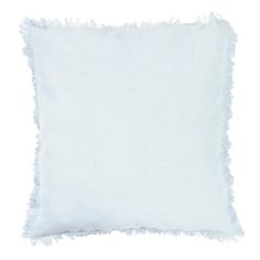 a white pillow with fraying edges on a white background, the bottom half has a square