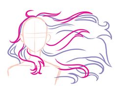 a drawing of a woman's head with long, wavy hair in pink and blue