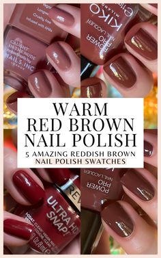 A guide to pretty drugstore reddish brown nail polish colors with swatches perfect for fall and winter, from Kiko Power Pro to Revlon Ultra HD Snap polishes! - - - - best drugstore brown nail polish swatches - best drugstore nail polish brands - kiko nail polish swatches - nails inc nail polish swatches - revlon nail polish swatches - fall nails ideas - winter nails ideas - best fall nail polish colors - best winter nail polish colors - red brown nail polish swatches - warm brown nail polish - drugstore nude nail polish swatch Reddish Brown Nails, Fall And Winter Nails, Kiko Nail Polish, Winter Nail Polish Colors, Best Drugstore Nail Polish, Drugstore Nail Polish, Best Nail Polish Brands, Revlon Nail Polish, Nail Polish Colors Winter