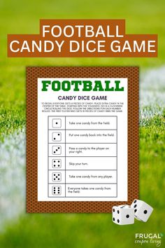 a football candy dice game with two dices on it and the text, football candy dice