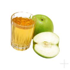 an apple and a glass filled with liquid