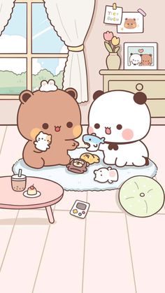 two cartoon bears eating food in a living room