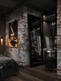 a bedroom with brick walls and flooring is lit up by lights on either side of the bed