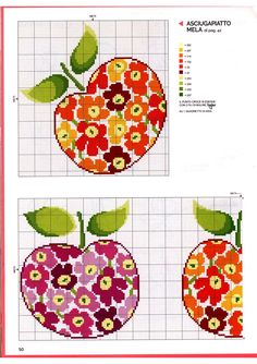 two cross stitch patterns with an apple and flower design on them, each one has a different color scheme