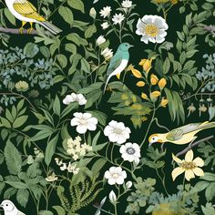 birds and flowers on a dark green background