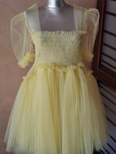 Pale Yellow Tulle Dress/ Yellow Tulle Dress/ Custom Made Tulle Dress/ Short Tulle Dress with Elastics on Bust and Backside/ Tulle Mini Dress Tulle Dress Yellow, Short Sleeve Tulle Cocktail Dress, Spring Short Sleeve Tutu Dress With Tulle Skirt, Princess Tulle Evening Dress, Evening Princess Dress With Tulle Skirt, Princess Style Fitted Evening Tutu Dress, Spring Fairy Dress In Tulle For Fancy Dress, Summer Fitted Fairy Dress With Tulle Skirt, Fitted Princess Style Tutu Dress For Evening