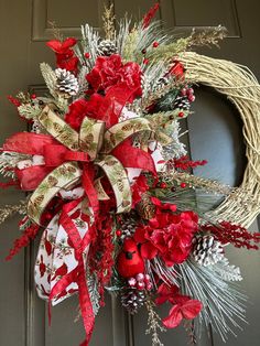 a wreath with red flowers and pine cones is hanging on the front door for christmas