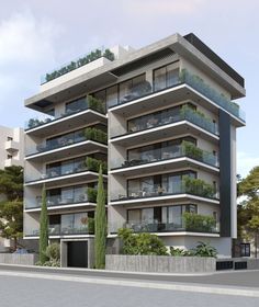 an artist's rendering of a modern apartment building with balconies and plants