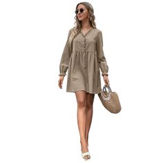 Khaki Ruffle Detail V Neck Long Sleeve Dress Fall Khaki Mini Dress, Khaki Knee-length Mini Dress For Spring, Khaki Mini Dress For Fall, Chic Khaki Mini Dress For Fall, Khaki Midi Dress For Spring Daywear, Spring Khaki Midi Dress For A Day Out, Khaki Mini Dress For Spring Workwear, Beige Mini Dress With Ruffle Hem For Fall, Fall Beige Mini Dress With Ruffles