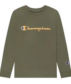 Champion Boys Long Sleeve Tee Shirt Kids Top Olive Green Orange letters XL NEW Spring Cotton T-shirt With Logo Lettering, Green Cotton T-shirt With Logo, Long Sleeve Tops With Logo Lettering For Streetwear, Relaxed Fit Tops With Logo Lettering For Fall, Fall Tops With Logo In Relaxed Fit, Long Sleeve Cotton T-shirt With Logo, Cotton Long Sleeve Tops With Logo, Long Sleeve Cotton Top With Logo, Green Graphic Tee With Logo