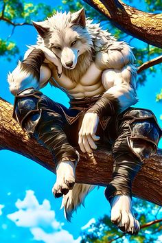 a white wolf sitting on top of a tree branch next to a blue cloudy sky