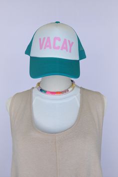 Escape to paradise with our Vacay Trucker Hat. Crafted for those who crave sun-soaked adventures and carefree vibes, this hat is your ticket to tropical bliss. Featuring a classic trucker design with a breathable mesh back, it's perfect for keeping cool as you explore new destinations or lounge poolside. The adjustable snap strap ensures a comfortable fit for all-day wear. - Breathable Mesh Back - Adjustable Snapback Summer Trucker Hat With Upf 50+ Protection, Summer Trucker Hat With Upf 50+, Upf 50+ Summer Trucker Hat, Summer Snapback Trucker Hat With Upf 50+, Spring Vacation Trucker Hat, Summer Trucker Hat For Vacation In Spring, Spring Trucker Hat For Vacation, Spring Beach Trucker Snapback Hat, Summer Beach Trucker Hat For Travel