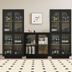 a black and white checkered floor in front of a cabinet with wine bottles on it